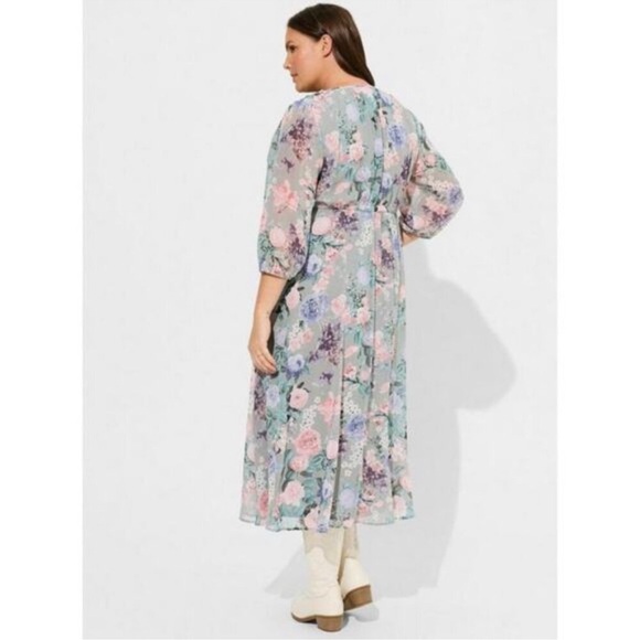 Torrid Women's Floral Print Maxi Dress Tie Neck Elastic Waist Flowy -Size 00 - Picture 3 of 15